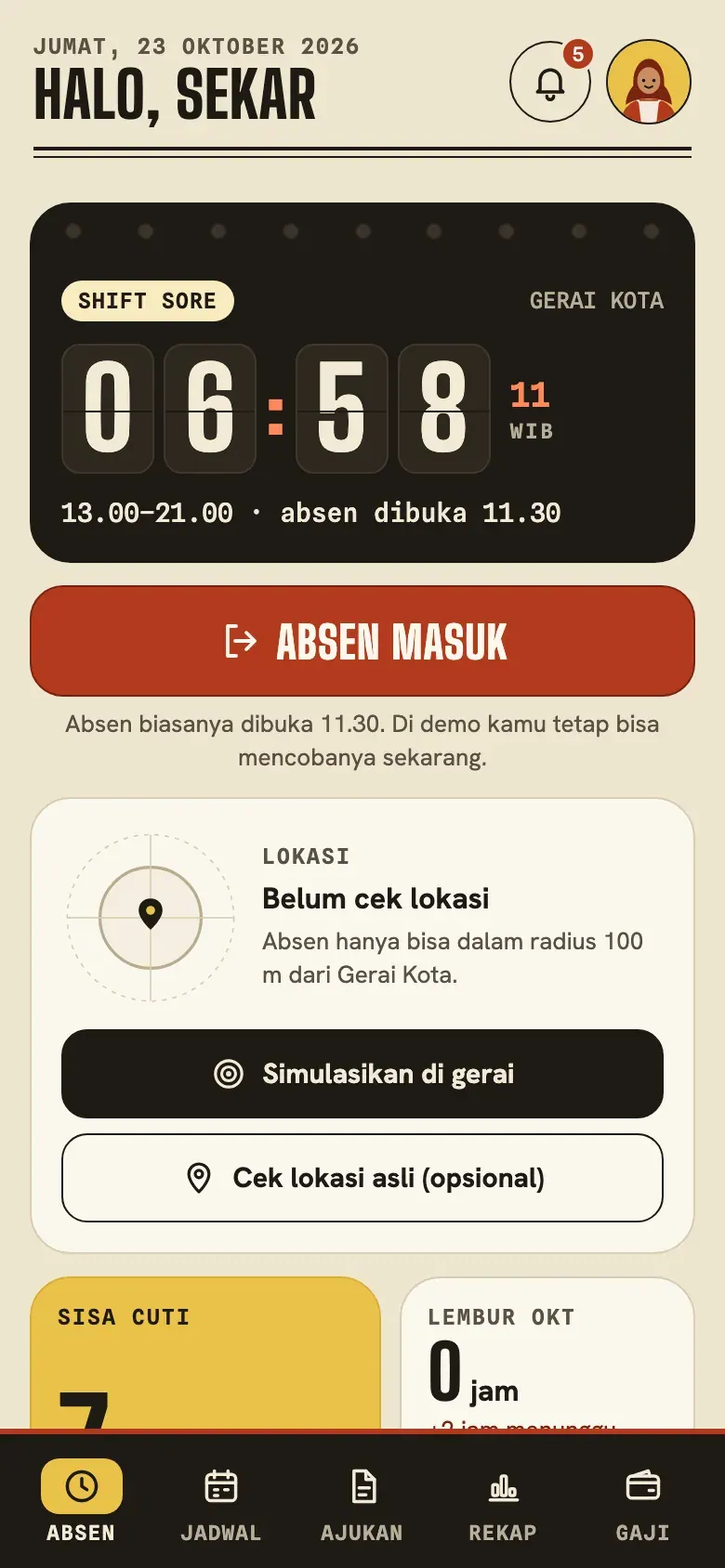 Gilir, layar Absen