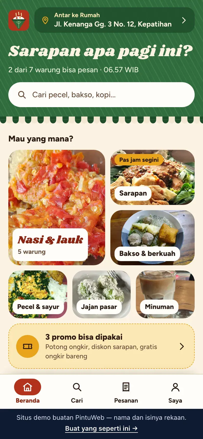 Pincuk, layar Beranda