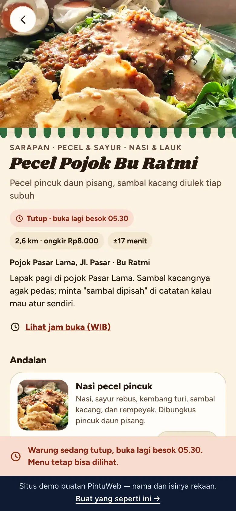 Pincuk, layar Menu warung