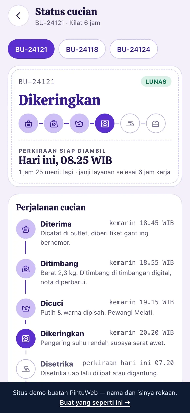 Busa Ungu, layar Status cucian