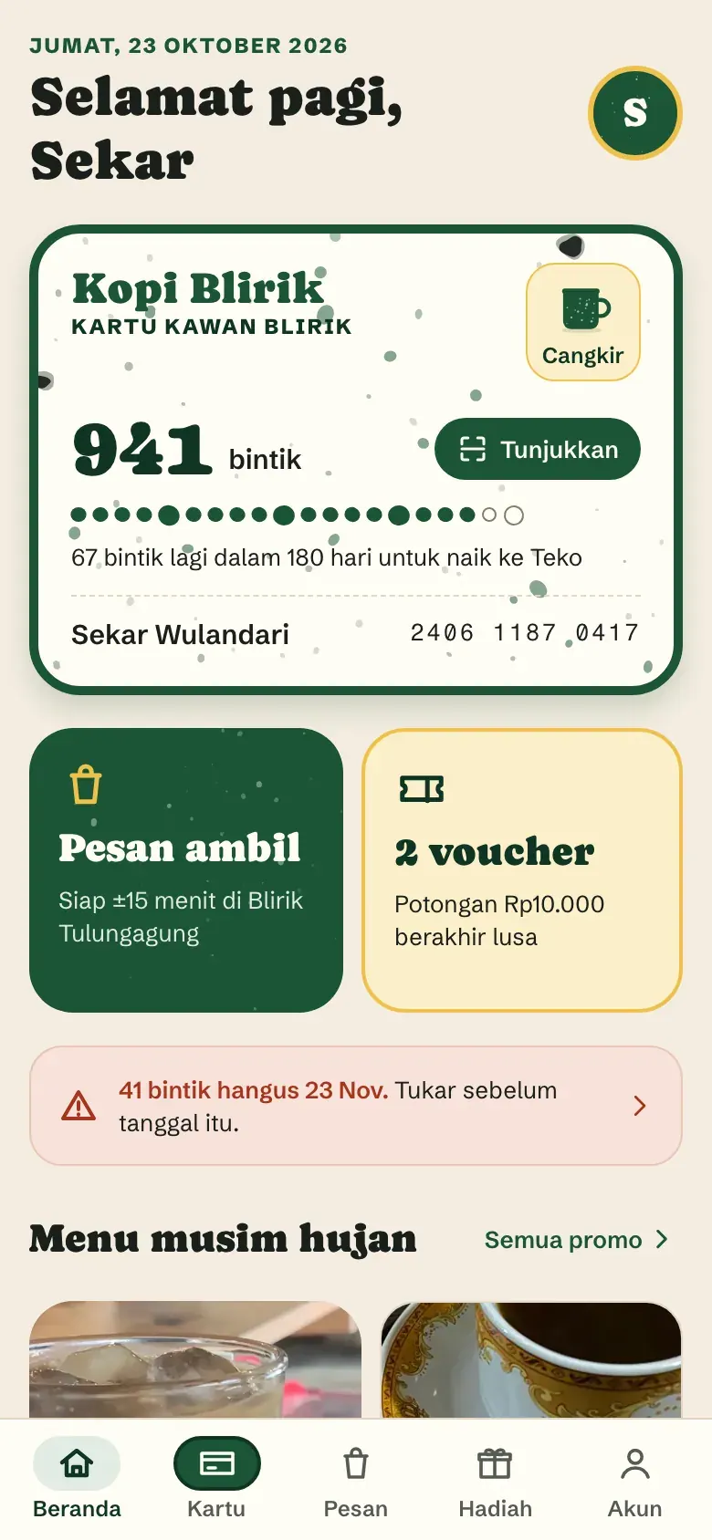 Kopi Blirik, layar Beranda