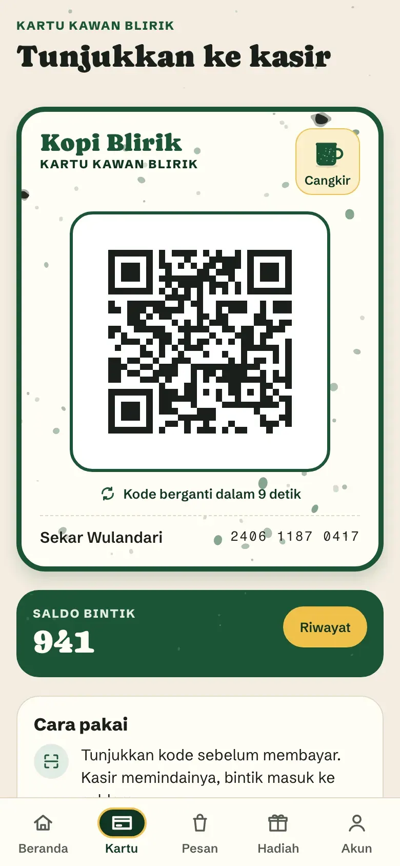 Kopi Blirik, layar Kartu member