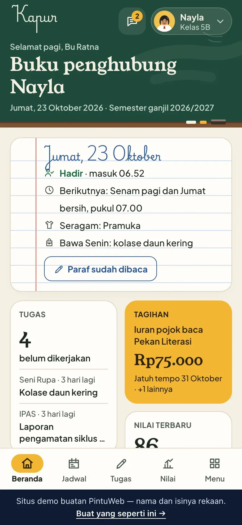 Kapur, layar Beranda