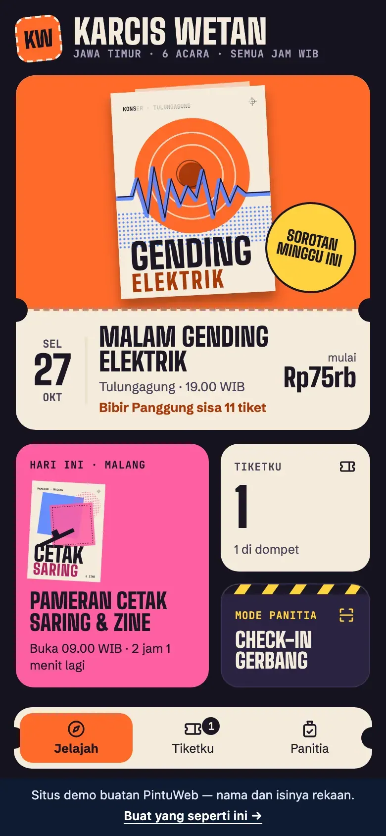 Karcis Wetan, layar Beranda