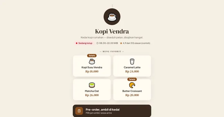 Tampilan Kopi Vendra